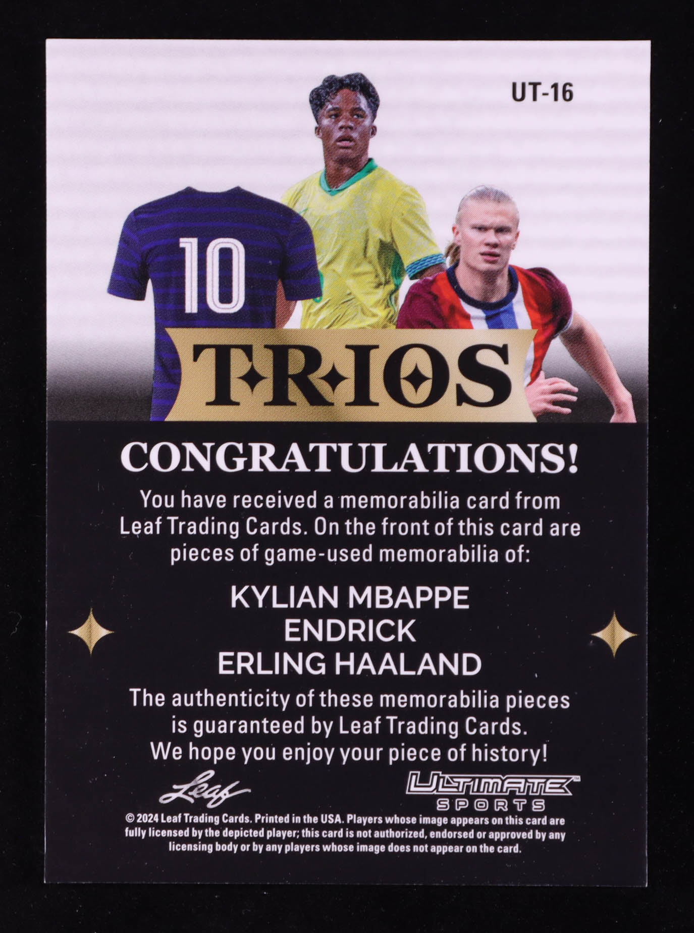 Kylian Mbappe / Endrick / Erling Haaland 2024 Leaf Ultimate Sports Sky Blue Prismatic JSY Trios #UT16 #3/5 at PristineAuction.com Kylian Mbappe / Endrick / Erling Haaland 2024 Leaf Ultimate Sports Sky Blue Prismatic JSY Trios #UT16 #3/5 at PristineAuction.com