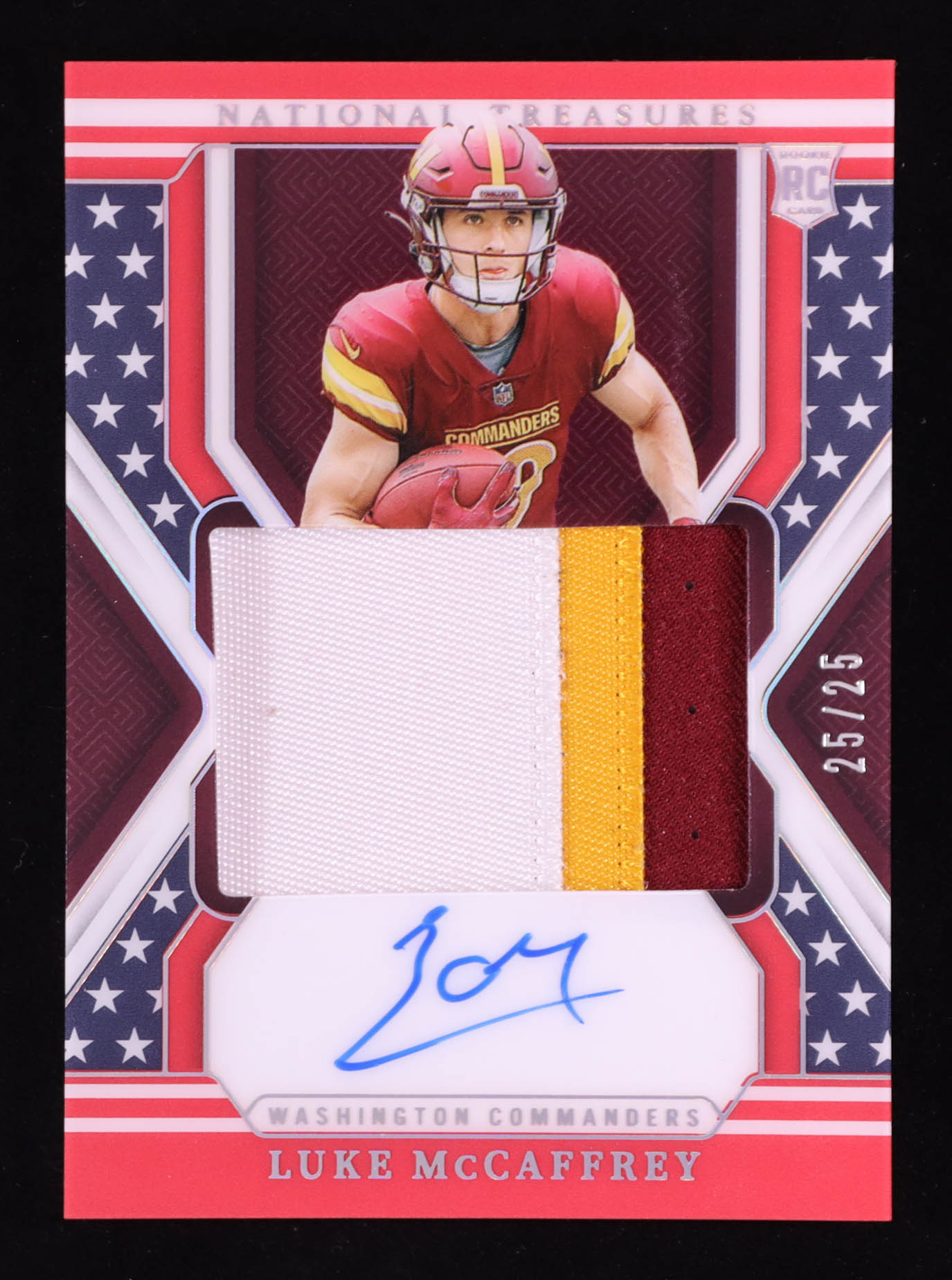 Luke McCaffrey 2024 Panini National Treasures Stars and Stripes Holo Silver JSY AU #176 #25/25 RC at PristineAuction.com Luke McCaffrey 2024 Panini National Treasures Stars and Stripes Holo Silver JSY AU #176 #25/25 RC at PristineAuction.com