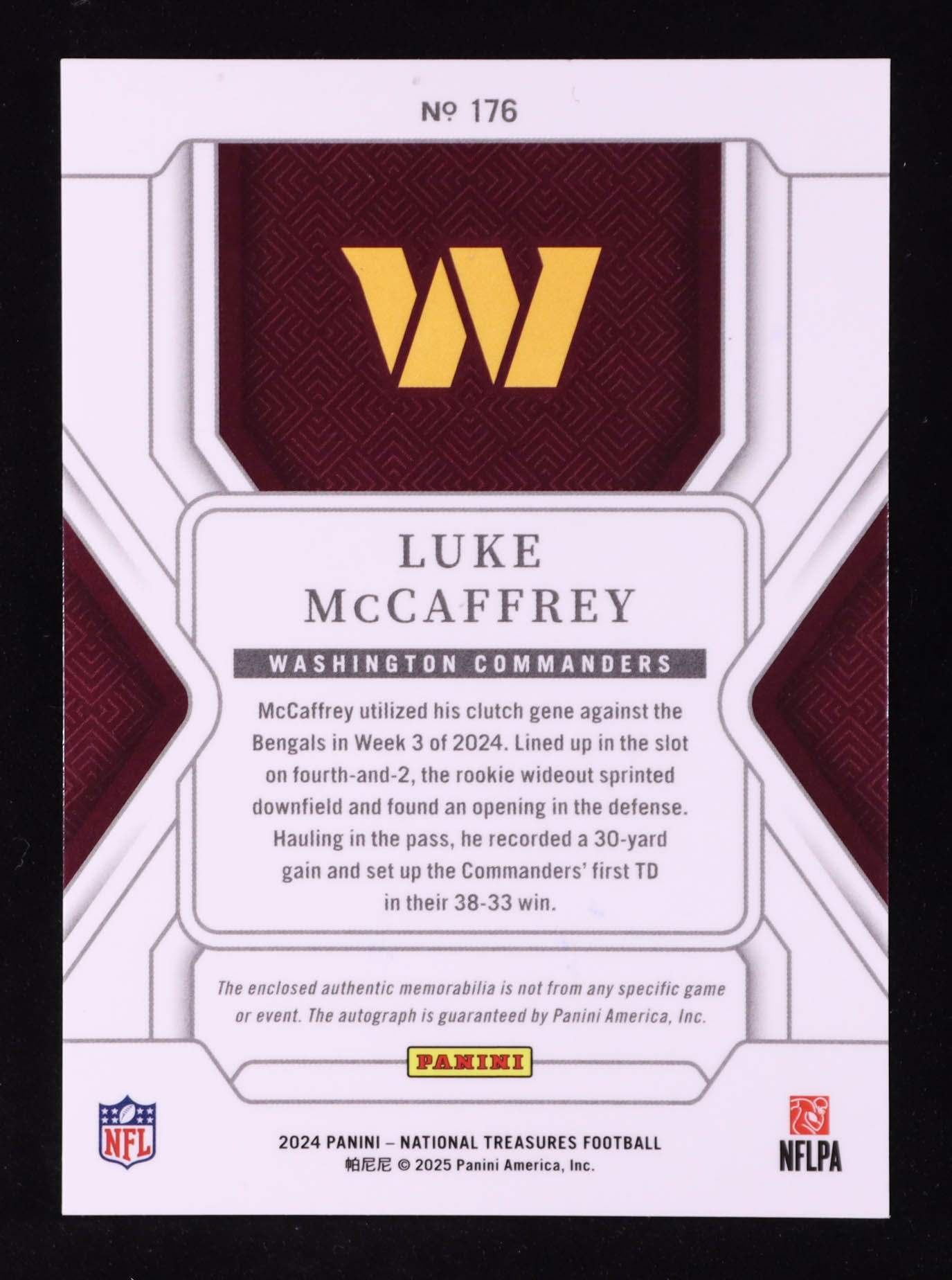 Luke McCaffrey 2024 Panini National Treasures Stars and Stripes Holo Silver JSY AU #176 #25/25 RC at PristineAuction.com Luke McCaffrey 2024 Panini National Treasures Stars and Stripes Holo Silver JSY AU #176 #25/25 RC at PristineAuction.com