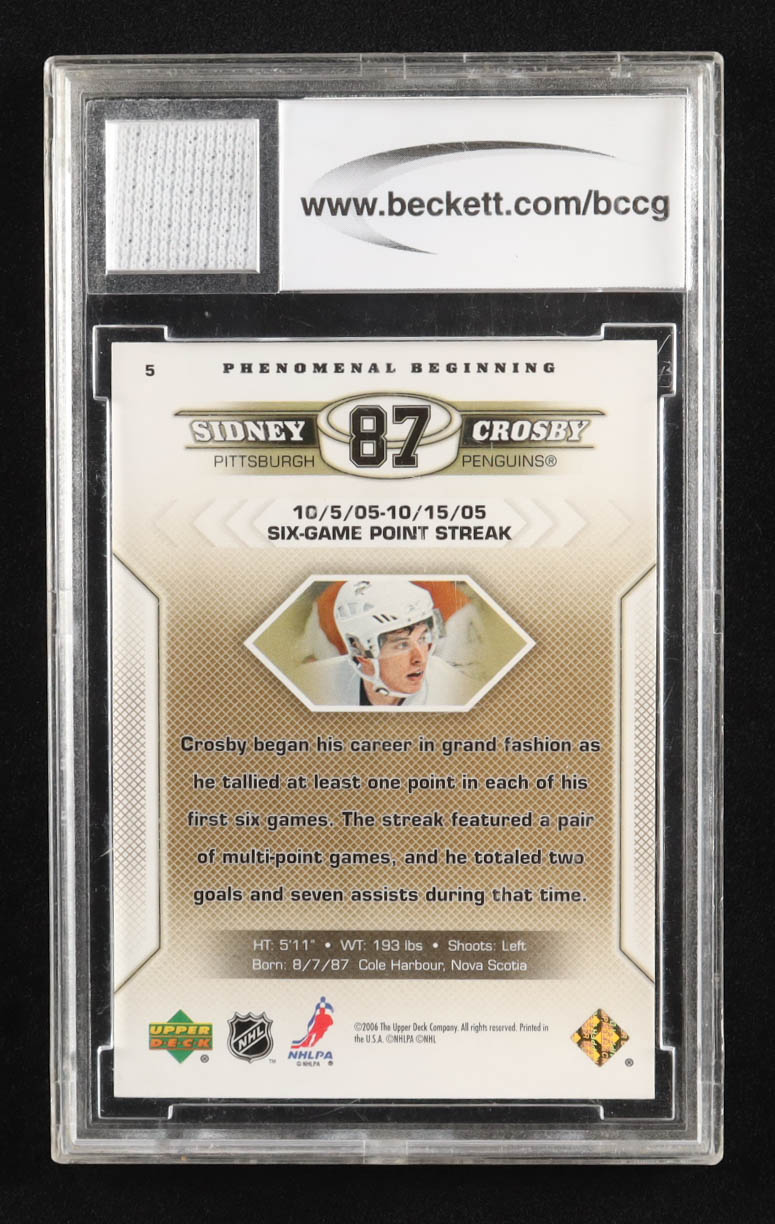 Sidney Crosby 2005-06 Upper Deck Phenomenal Beginnings #5 Game-Used Jersey RC (BCCG 9) at PristineAuction.com Sidney Crosby 2005-06 Upper Deck Phenomenal Beginnings #5 Game-Used Jersey RC (BCCG 9) at PristineAuction.com