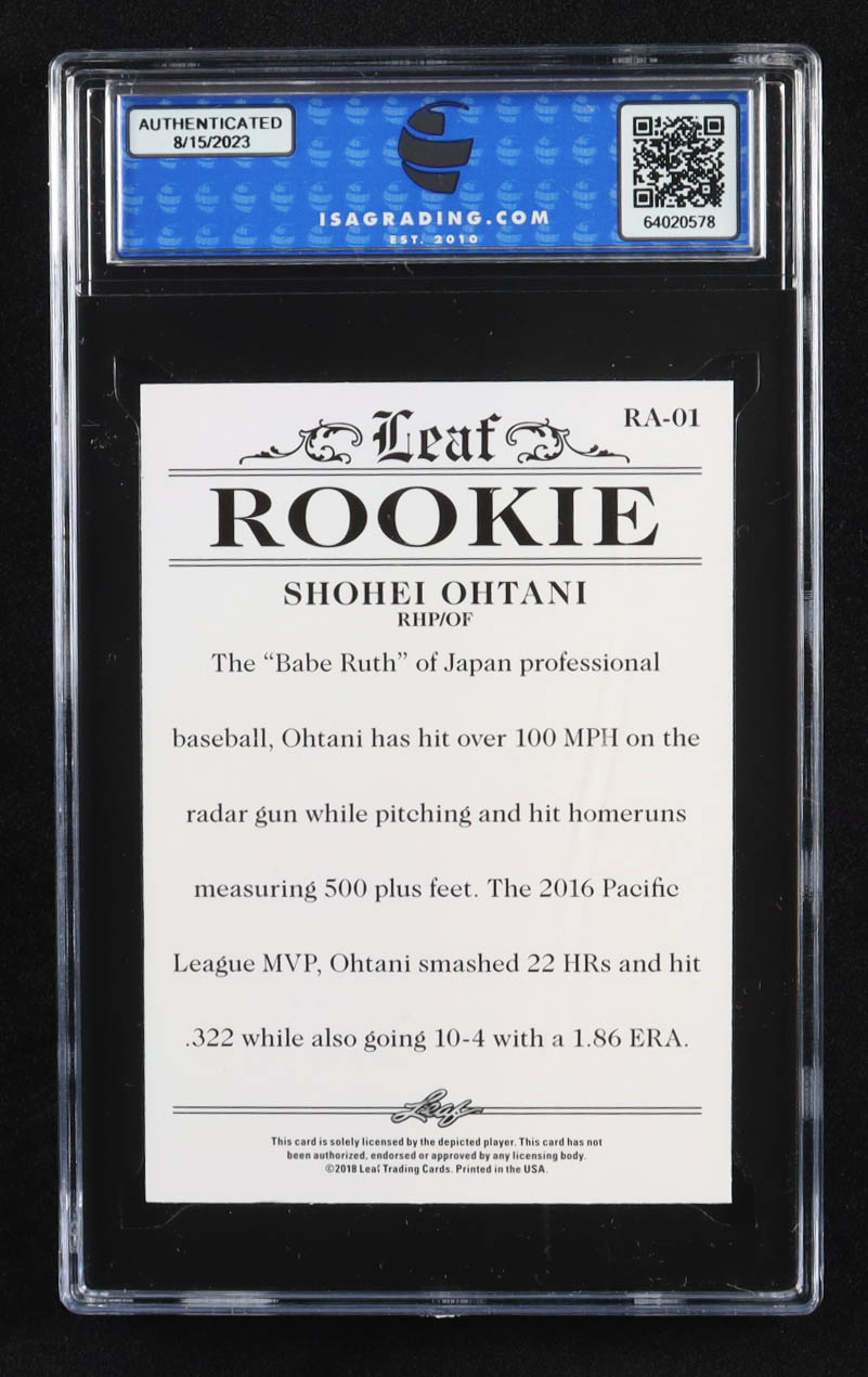 Shohei Ohtani 2018 Leaf Ohtani Rookie Achievement #RA01 RC (ISA 10) at PristineAuction.com Shohei Ohtani 2018 Leaf Ohtani Rookie Achievement #RA01 RC (ISA 10) at PristineAuction.com