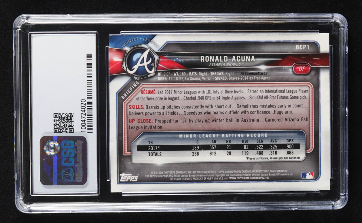 Ronald Acuna 2018 Bowman Chrome Prospects #BCP1 RC (CSG 9.5) at PristineAuction.com Ronald Acuna 2018 Bowman Chrome Prospects #BCP1 RC (CSG 9.5) at PristineAuction.com
