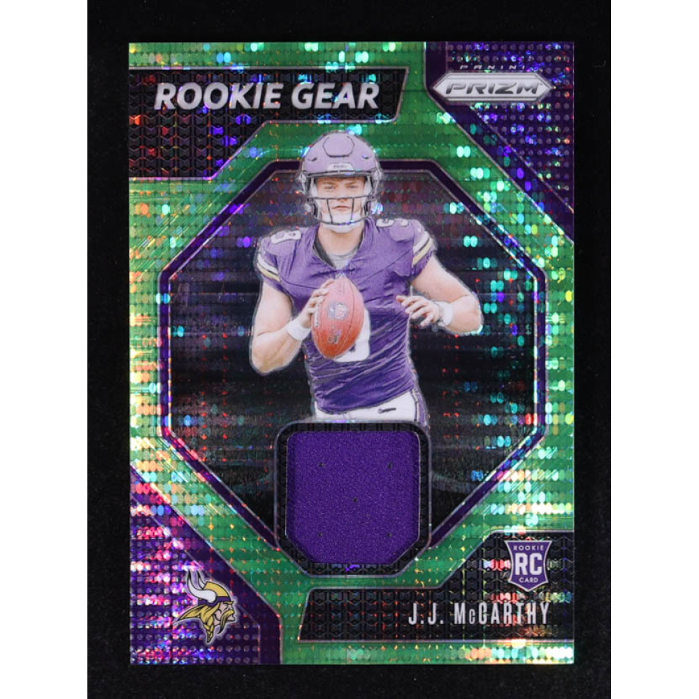 JJ McCarthy 2024 Panini Prizm Rookie Gear Neon Green Pulsar #8 RC at PristineAuction.com