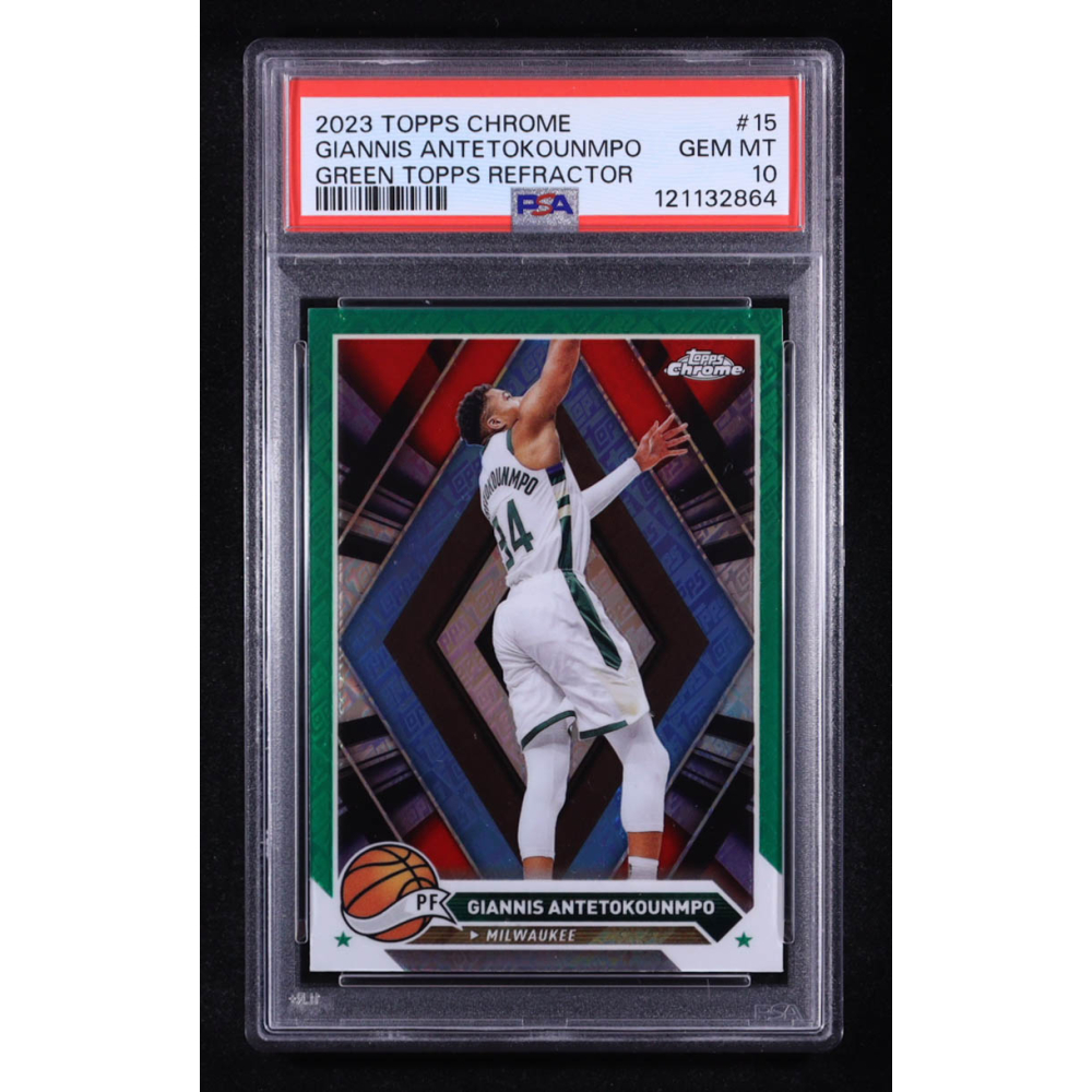 Giannis Antetokounmpo 2023-24 Topps Chrome Green Topps Refractors #15 (PSA 10) at PristineAuction.com