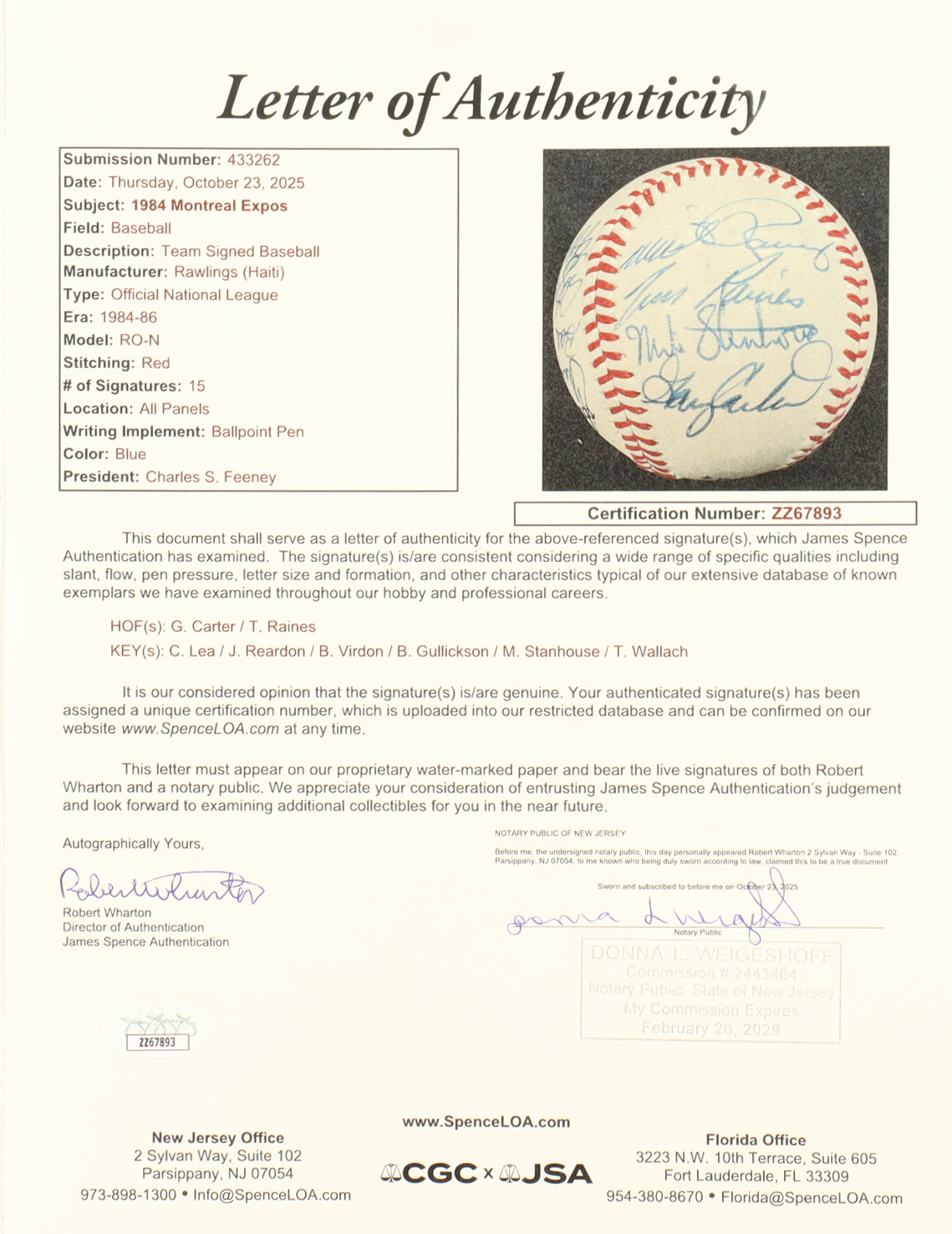 1984 Expos ONL Baseball Team-Signed By (15) With Gary Carter, Tim Raines, Charlie Lea, Mike Stenhouse (JSA) at PristineAuction.com 1984 Expos ONL Baseball Team-Signed By (15) With Gary Carter, Tim Raines, Charlie Lea, Mike Stenhouse (JSA) at PristineAuction.com