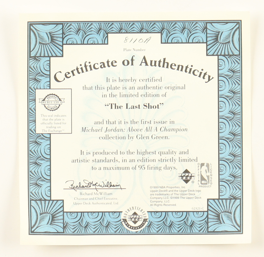 Michael Jordan 1999 Upper Deck LE "The Last Shot" Ceramic Plate at PristineAuction.com Michael Jordan 1999 Upper Deck LE "The Last Shot" Ceramic Plate at PristineAuction.com