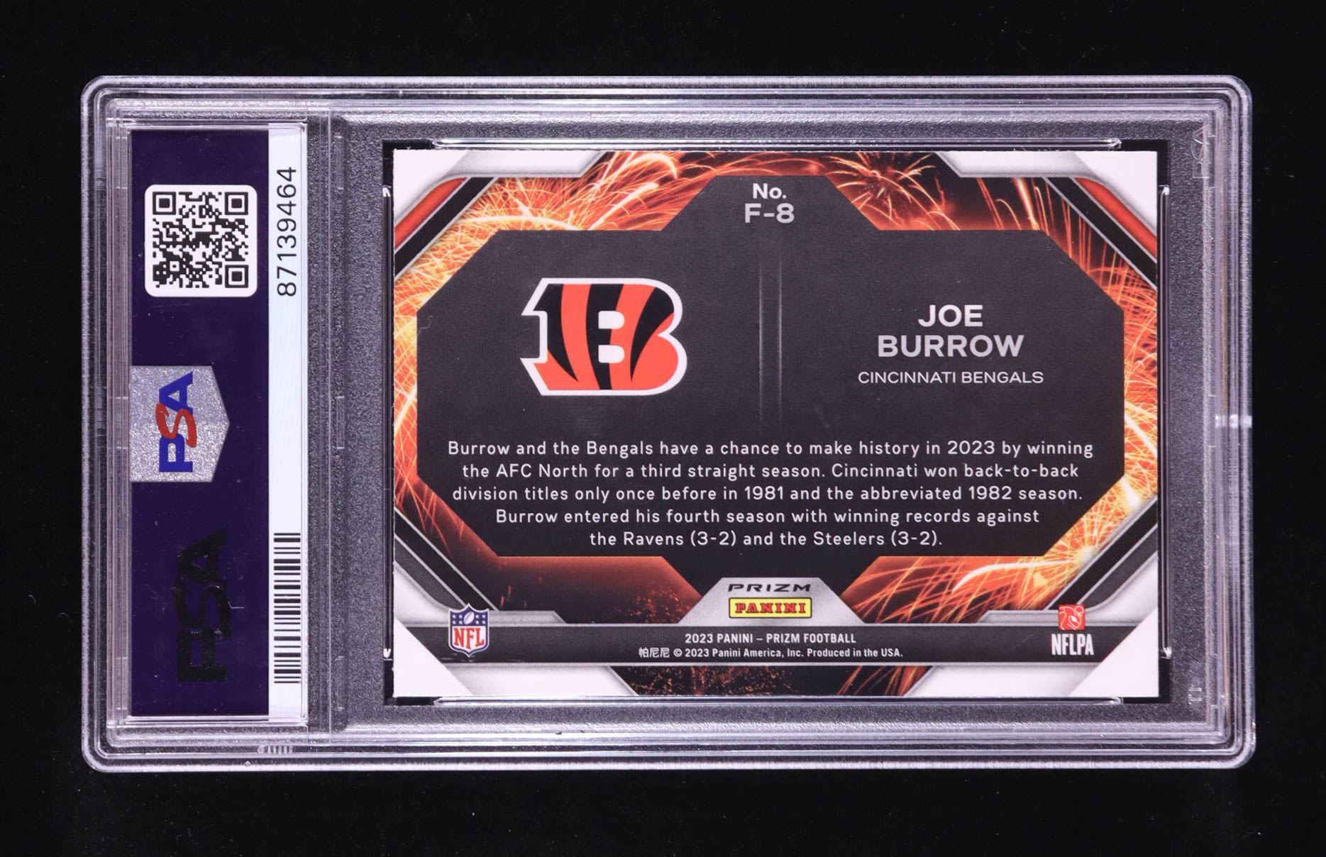 Joe Burrow 2023 Panini Prizm Fireworks Prizms Green Ice #8 (PSA 10) at PristineAuction.com Joe Burrow 2023 Panini Prizm Fireworks Prizms Green Ice #8 (PSA 10) at PristineAuction.com