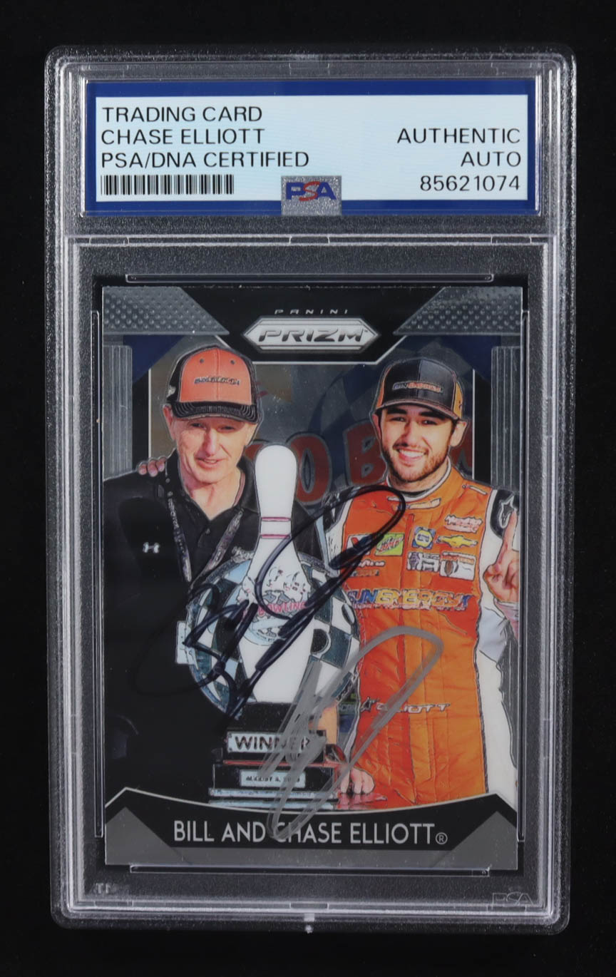 Chase Elliott / Bill Elliott Signed 2019 Panini Prizm Racing Dual #7 (PSA) at PristineAuction.com Chase Elliott / Bill Elliott Signed 2019 Panini Prizm Racing Dual #7 (PSA) at PristineAuction.com