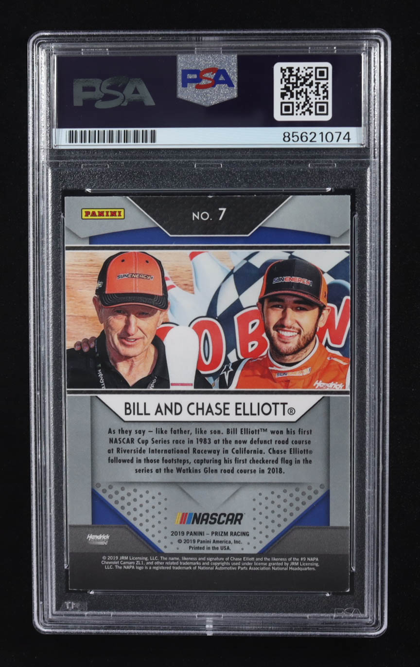 Chase Elliott / Bill Elliott Signed 2019 Panini Prizm Racing Dual #7 (PSA) at PristineAuction.com Chase Elliott / Bill Elliott Signed 2019 Panini Prizm Racing Dual #7 (PSA) at PristineAuction.com
