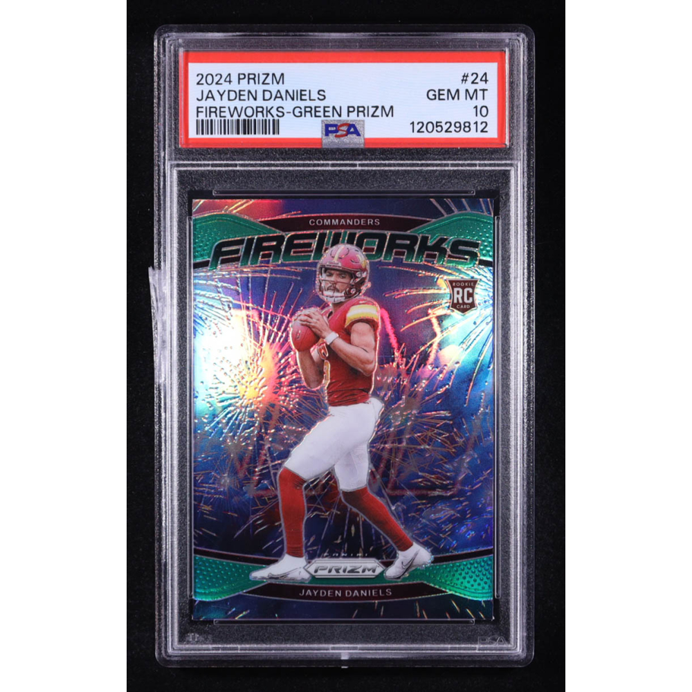 Jayden Daniels 2024 Panini Prizm Fireworks Prizms Green #24 RC (PSA 10) at PristineAuction.com