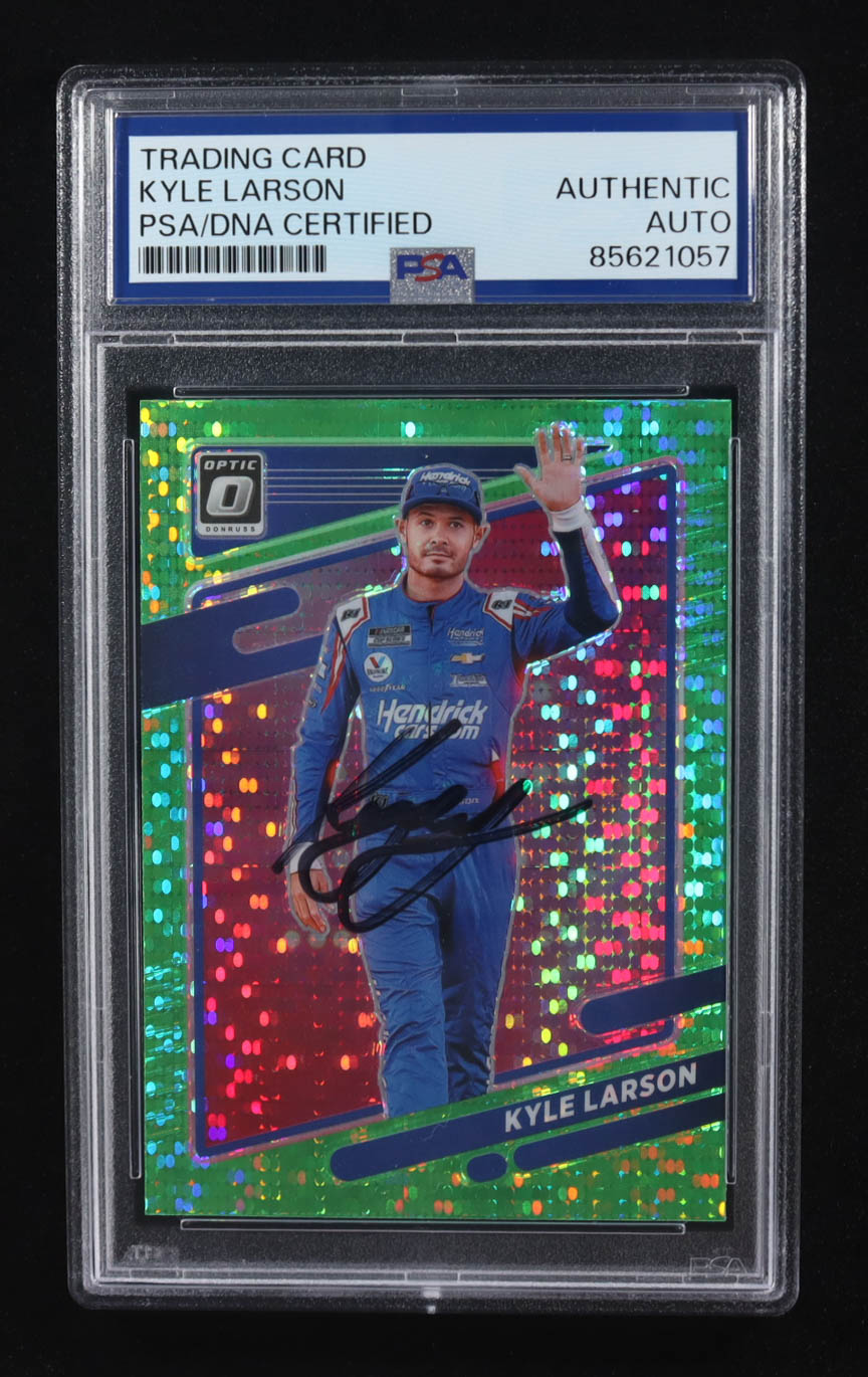 Kyle Larson Signed 2022 Panini Donruss Racing Optic Lime Green Pulsar Prizm #19 (PSA) at PristineAuction.com Kyle Larson Signed 2022 Panini Donruss Racing Optic Lime Green Pulsar Prizm #19 (PSA) at PristineAuction.com