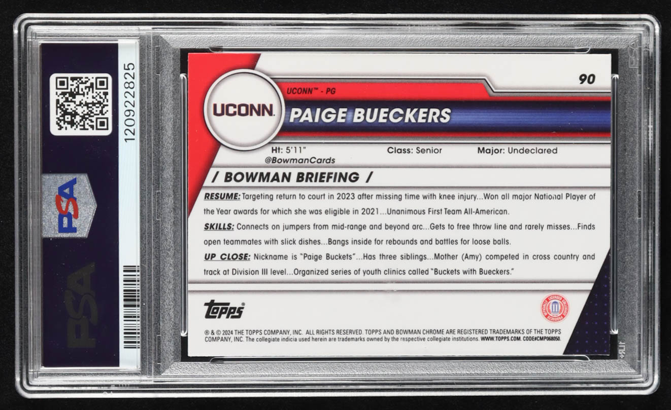 Paige Bueckers 2023-24 Bowman Chrome University #90 RC (PSA 10) at PristineAuction.com Paige Bueckers 2023-24 Bowman Chrome University #90 RC (PSA 10) at PristineAuction.com