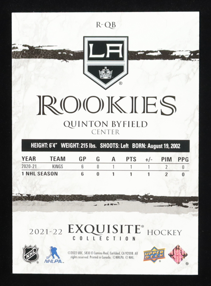 Quinton Byfield 2021-22 Exquisite Collection Rookies #RQB RC at PristineAuction.com Quinton Byfield 2021-22 Exquisite Collection Rookies #RQB RC at PristineAuction.com