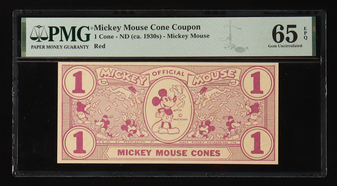 1930s Mickey Mouse Cone Coupon 1 Cone Red (PMG 65 GEM UNC EPQ) at PristineAuction.com 1930s Mickey Mouse Cone Coupon 1 Cone Red (PMG 65 GEM UNC EPQ) at PristineAuction.com