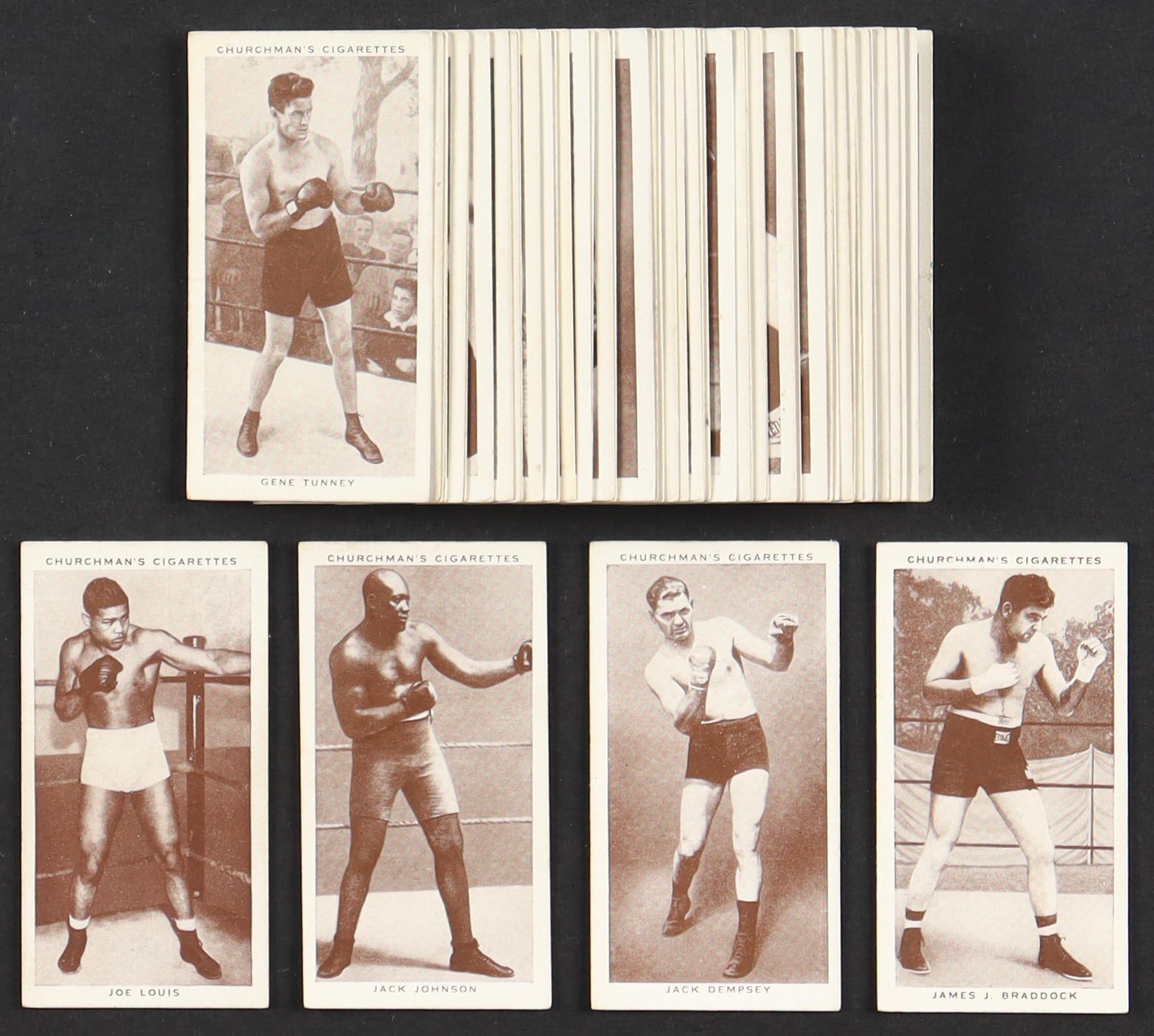 1938 Churchman Boxing Personalities Complete Set of (50) Cigarette Cards with Joe Louis #26, James J. Braddock #6, Jack Johnson #20, Jack Dempsey #12, Gene Tunney #35 at PristineAuction.com 1938 Churchman Boxing Personalities Complete Set of (50) Cigarette Cards with Joe Louis #26, James J. Braddock #6, Jack Johnson #20, Jack Dempsey #12, Gene Tunney #35 at PristineAuction.com