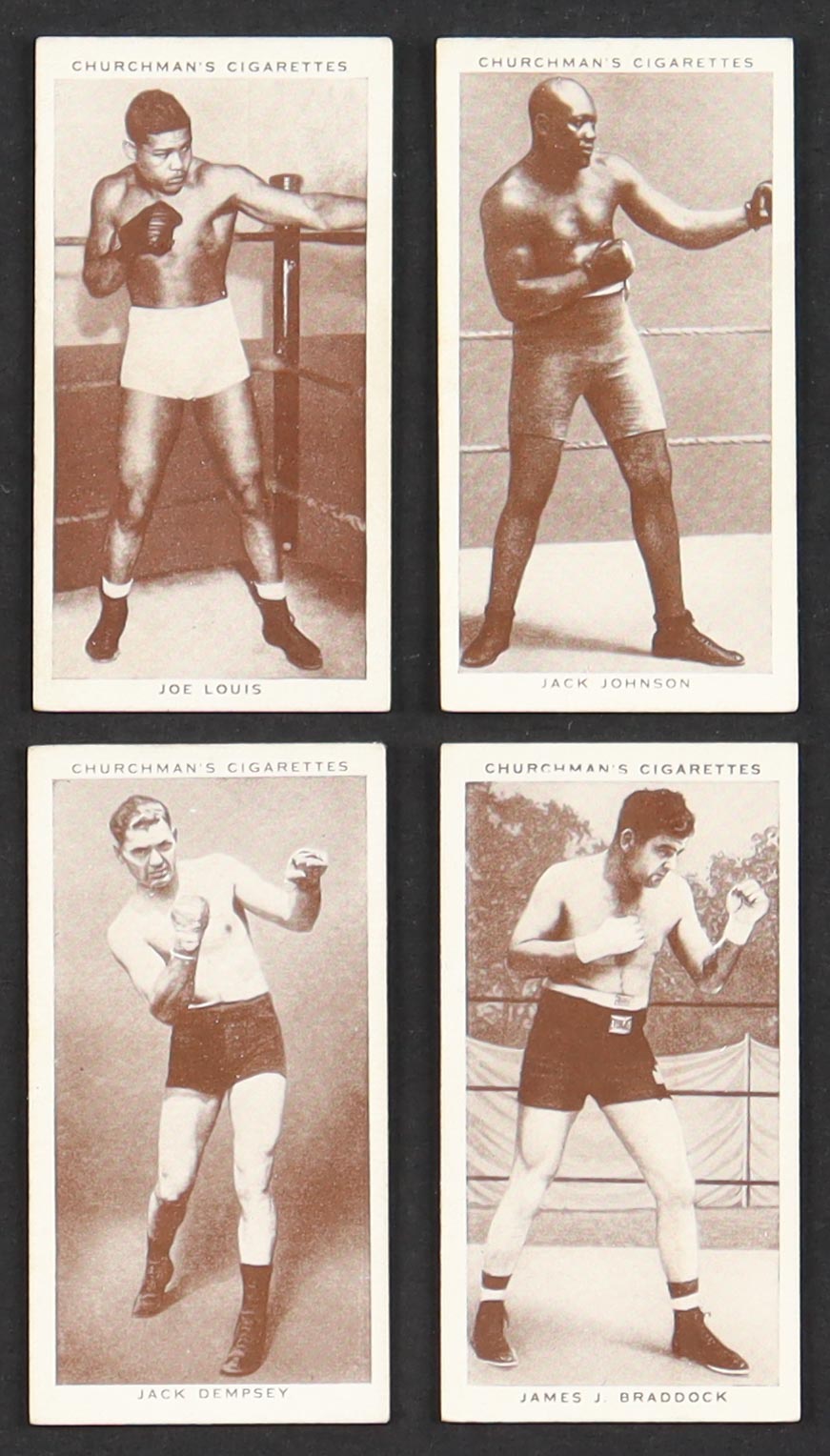 1938 Churchman Boxing Personalities Complete Set of (50) Cigarette Cards with Joe Louis #26, James J. Braddock #6, Jack Johnson #20, Jack Dempsey #12, Gene Tunney #35 at PristineAuction.com 1938 Churchman Boxing Personalities Complete Set of (50) Cigarette Cards with Joe Louis #26, James J. Braddock #6, Jack Johnson #20, Jack Dempsey #12, Gene Tunney #35 at PristineAuction.com