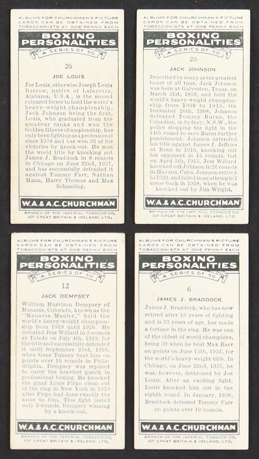 1938 Churchman Boxing Personalities Complete Set of (50) Cigarette Cards with Joe Louis #26, James J. Braddock #6, Jack Johnson #20, Jack Dempsey #12, Gene Tunney #35 at PristineAuction.com 1938 Churchman Boxing Personalities Complete Set of (50) Cigarette Cards with Joe Louis #26, James J. Braddock #6, Jack Johnson #20, Jack Dempsey #12, Gene Tunney #35 at PristineAuction.com