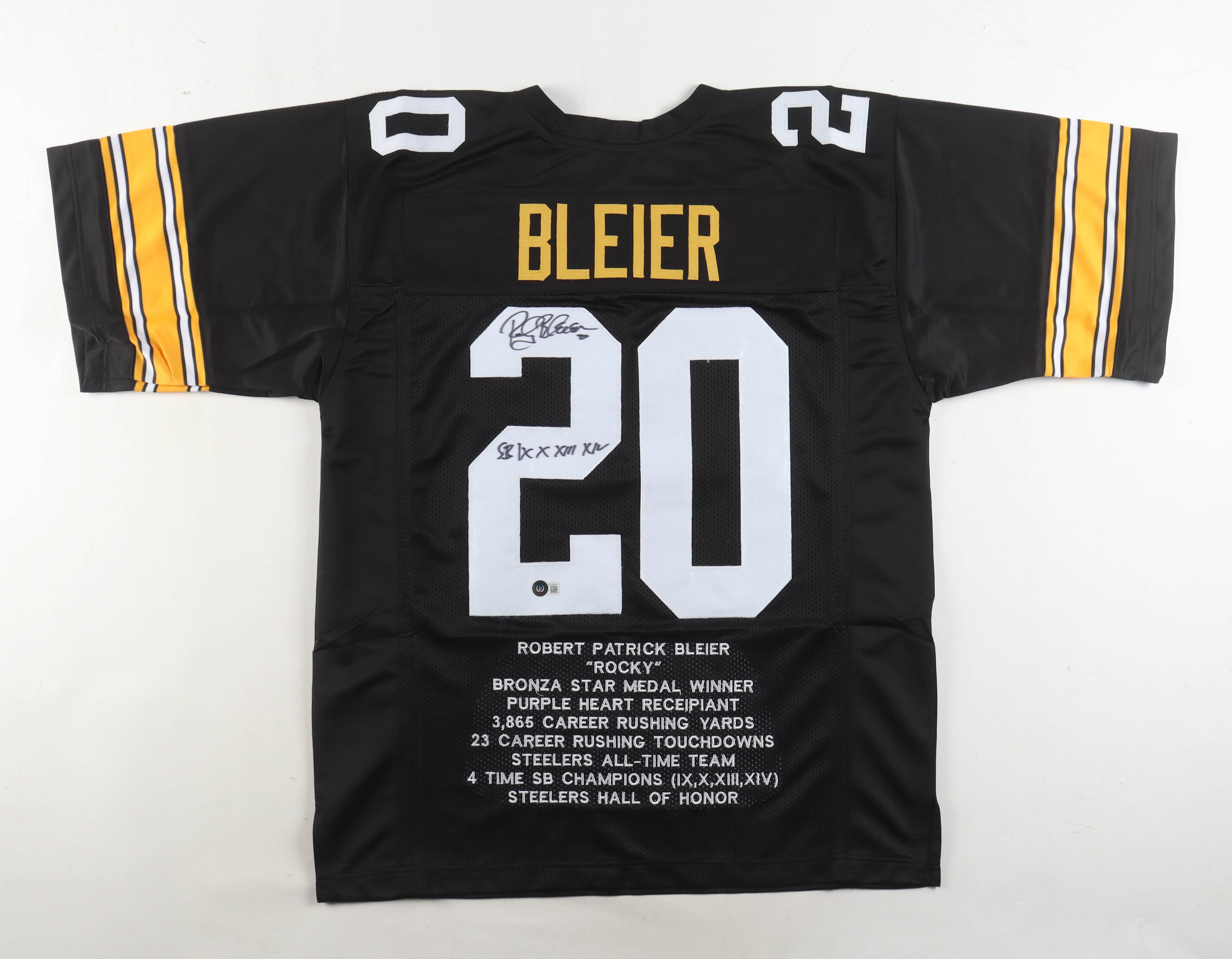Rocky Bleier Signed Career Highlight Stat Jersey Inscribed "SB IX X XIII XIV" (Beckett) at PristineAuction.com Rocky Bleier Signed Career Highlight Stat Jersey Inscribed "SB IX X XIII XIV" (Beckett) at PristineAuction.com
