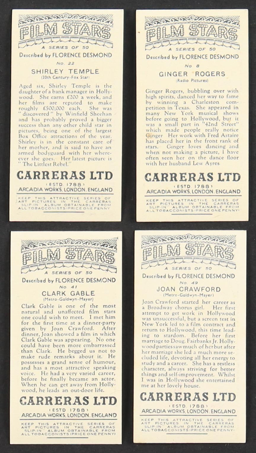 1936 Carreras Cigarettes Famous Film Stars Complete Trading Card Set With (50) Cards at PristineAuction.com 1936 Carreras Cigarettes Famous Film Stars Complete Trading Card Set With (50) Cards at PristineAuction.com