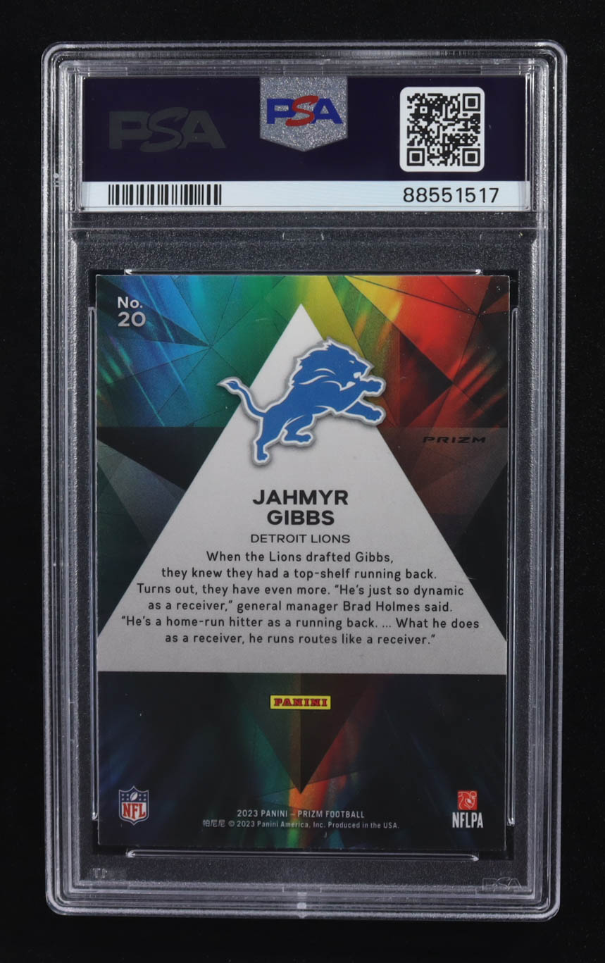 Jahmyr Gibbs 2023 Panini Prizm Prizmatic-Green #20 RC (PSA 10) at PristineAuction.com Jahmyr Gibbs 2023 Panini Prizm Prizmatic-Green #20 RC (PSA 10) at PristineAuction.com