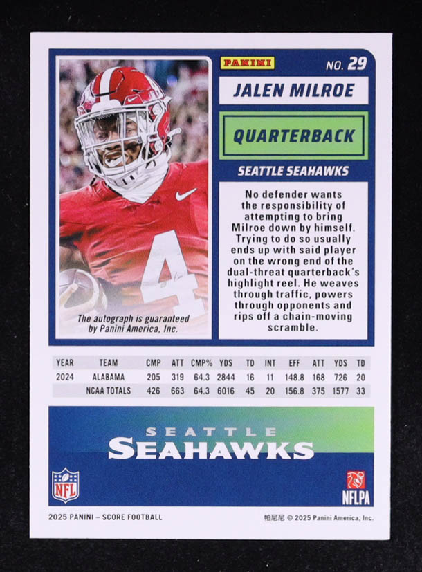 Jalen Milroe 2025 Score Rookie Signatures #29 RC at PristineAuction.com Jalen Milroe 2025 Score Rookie Signatures #29 RC at PristineAuction.com