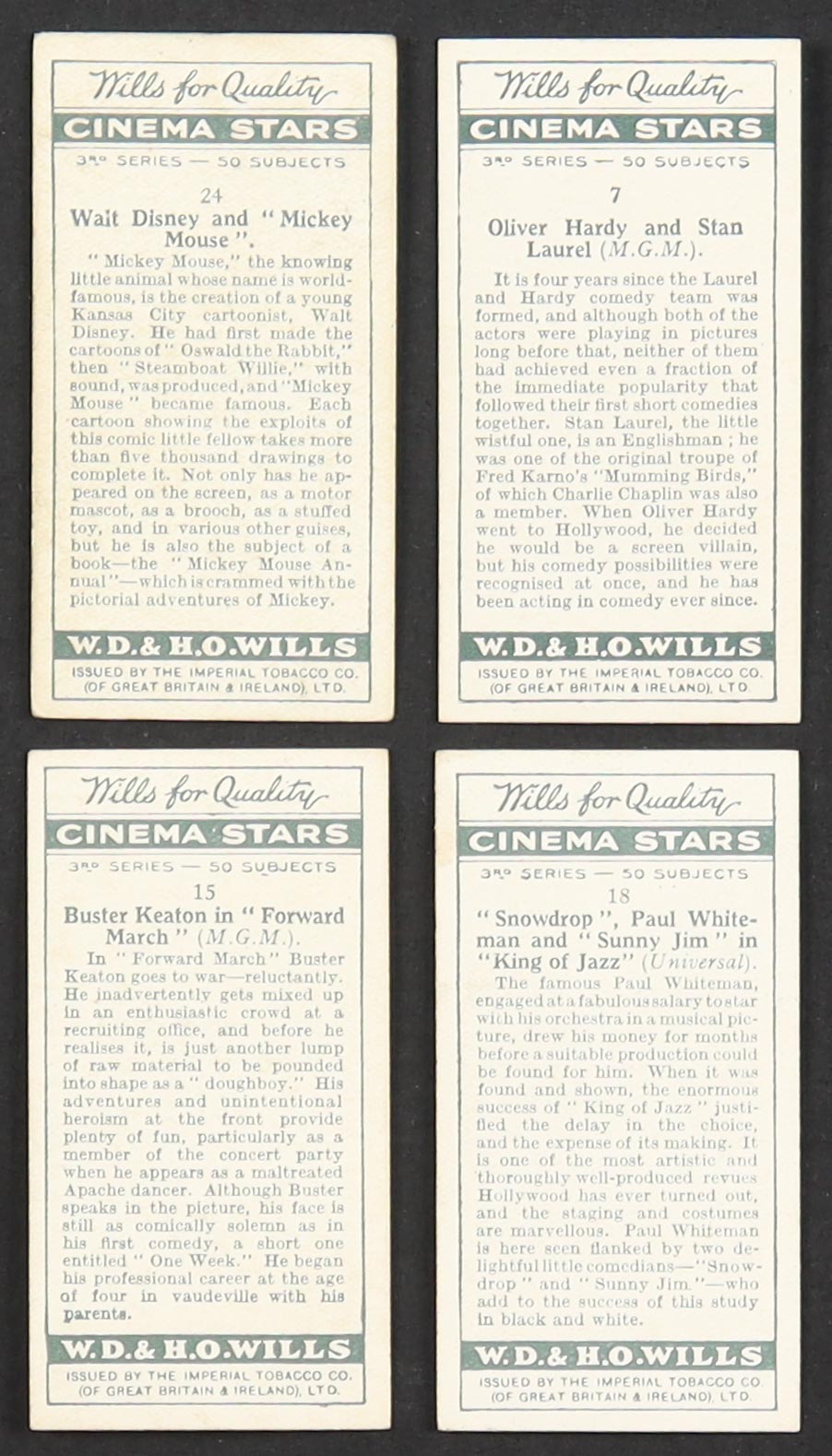 1931 Will's Cinema Stars Complete Set of (50) Cigarette Cards with Walt Disney & Mickey Mouse #24, Laurel & Hardy #7, Buster Keaton #15 at PristineAuction.com 1931 Will's Cinema Stars Complete Set of (50) Cigarette Cards with Walt Disney & Mickey Mouse #24, Laurel & Hardy #7, Buster Keaton #15 at PristineAuction.com