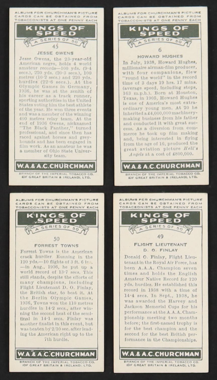 1939 Churchman Kings of Speed Complete Set of (50) Cigarette Cards with Jesse Owens #45 and Howard Hughes #6 at PristineAuction.com 1939 Churchman Kings of Speed Complete Set of (50) Cigarette Cards with Jesse Owens #45 and Howard Hughes #6 at PristineAuction.com