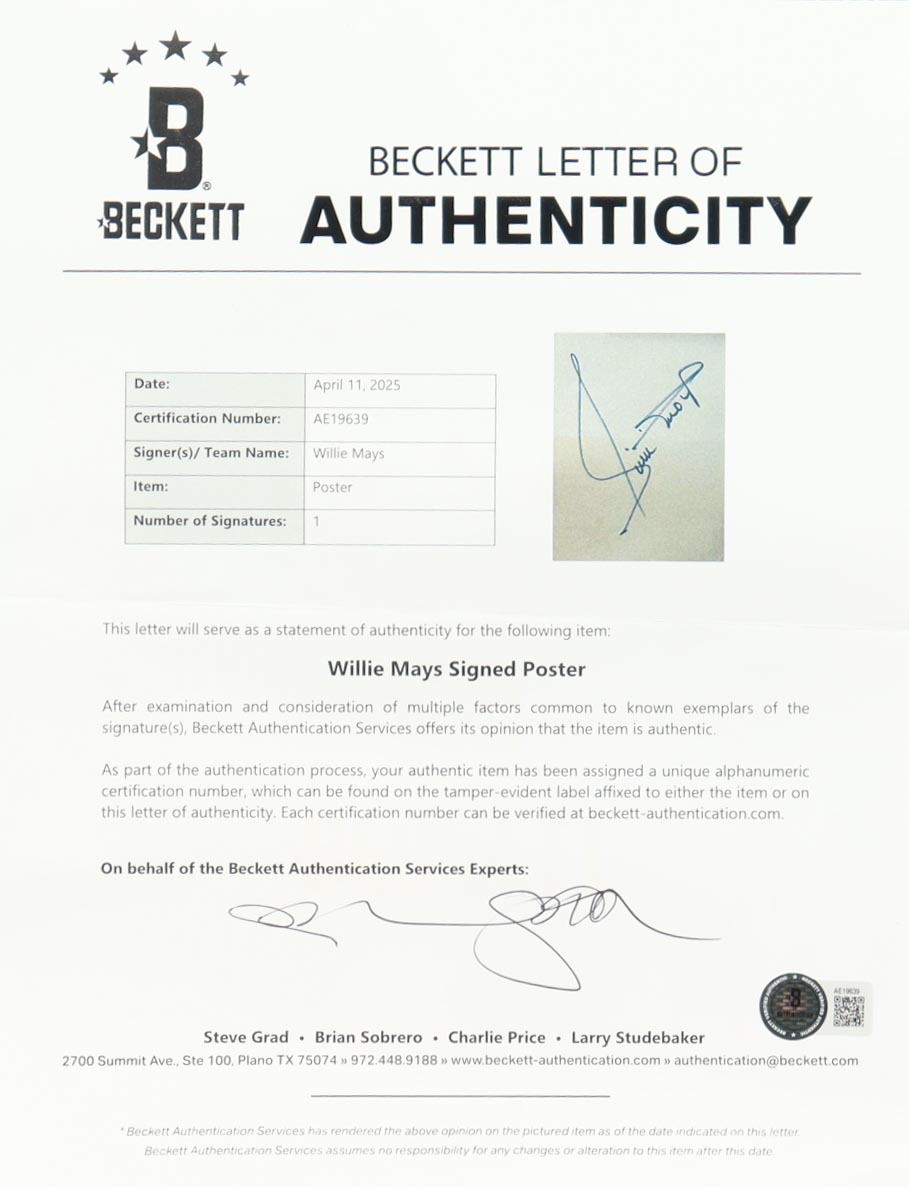 Willie Mays Signed Custom Framed Poster Display (Beckett) at PristineAuction.com Willie Mays Signed Custom Framed Poster Display (Beckett) at PristineAuction.com