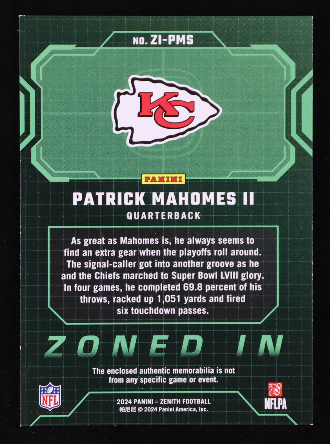 Patrick Mahomes II 2024 Zenith Zoned In Jerseys #8 at PristineAuction.com Patrick Mahomes II 2024 Zenith Zoned In Jerseys #8 at PristineAuction.com