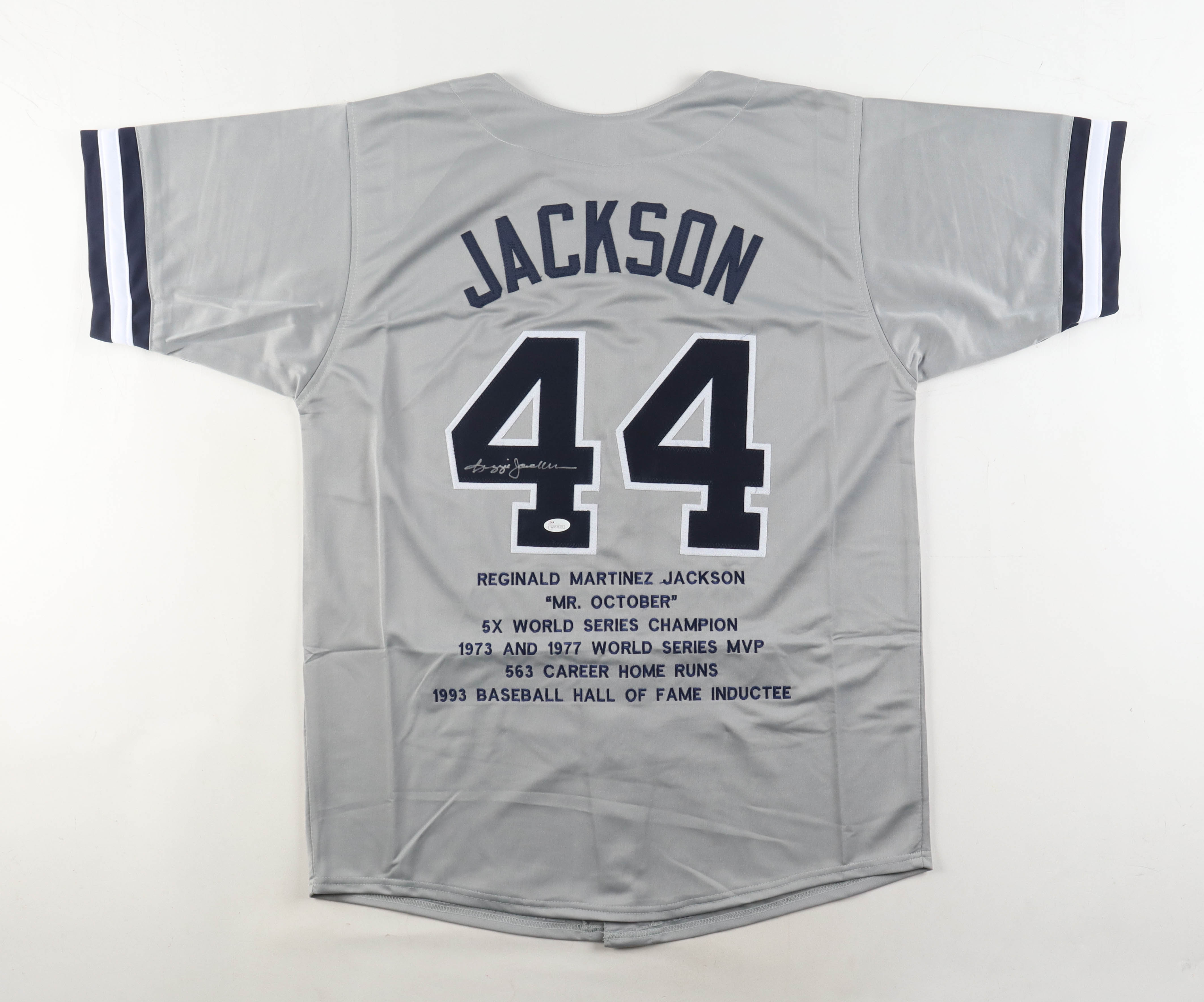 Reggie Jackson Signed Career Highlight Stat Jersey (JSA) at PristineAuction.com Reggie Jackson Signed Career Highlight Stat Jersey (JSA) at PristineAuction.com