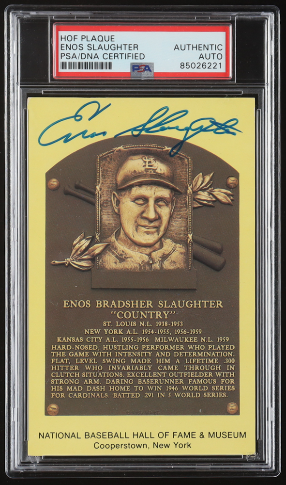 Enos Slaughter Signed Hall of Fame Plaque Postcard (PSA) at PristineAuction.com Enos Slaughter Signed Hall of Fame Plaque Postcard (PSA) at PristineAuction.com
