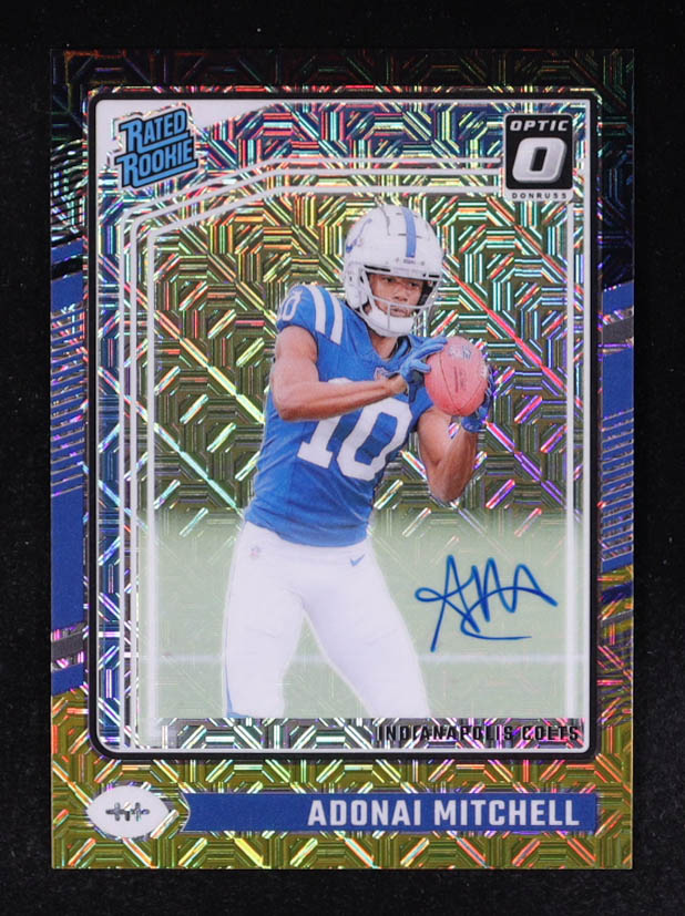 Adonai Mitchell 2024 Donruss Optic Rated Rookies RPS Autographs Black Gold #203 RC #15/60 at PristineAuction.com Adonai Mitchell 2024 Donruss Optic Rated Rookies RPS Autographs Black Gold #203 RC #15/60 at PristineAuction.com