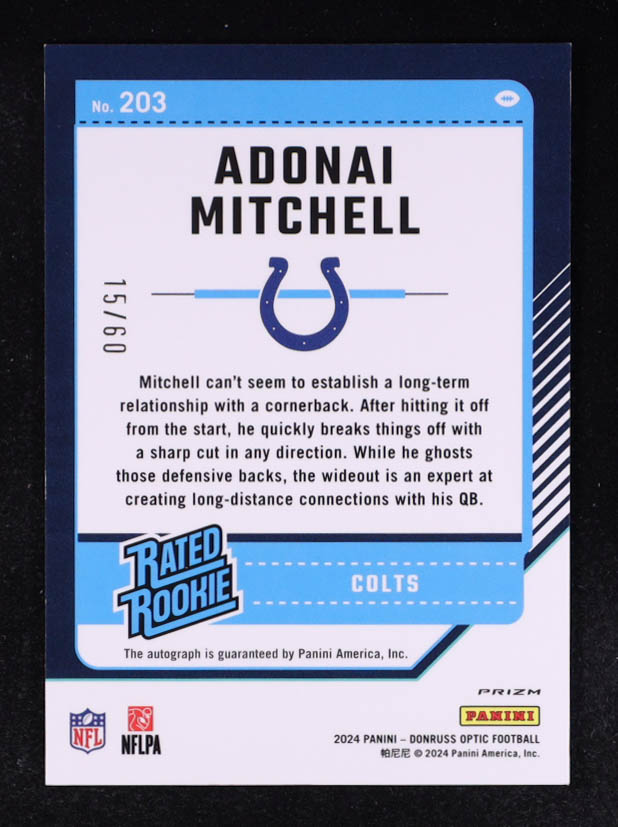 Adonai Mitchell 2024 Donruss Optic Rated Rookies RPS Autographs Black Gold #203 RC #15/60 at PristineAuction.com Adonai Mitchell 2024 Donruss Optic Rated Rookies RPS Autographs Black Gold #203 RC #15/60 at PristineAuction.com
