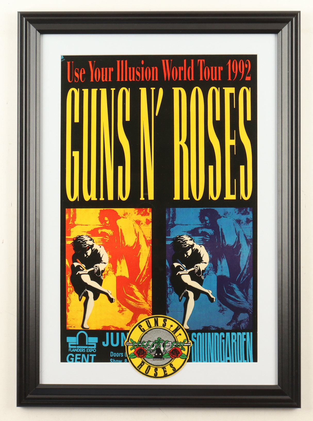 1992 "Guns N' Roses: Use Your Illusion" World Tour Custom Framed Poster with Guns N' Roses Patch at PristineAuction.com 1992 "Guns N' Roses: Use Your Illusion" World Tour Custom Framed Poster with Guns N' Roses Patch at PristineAuction.com