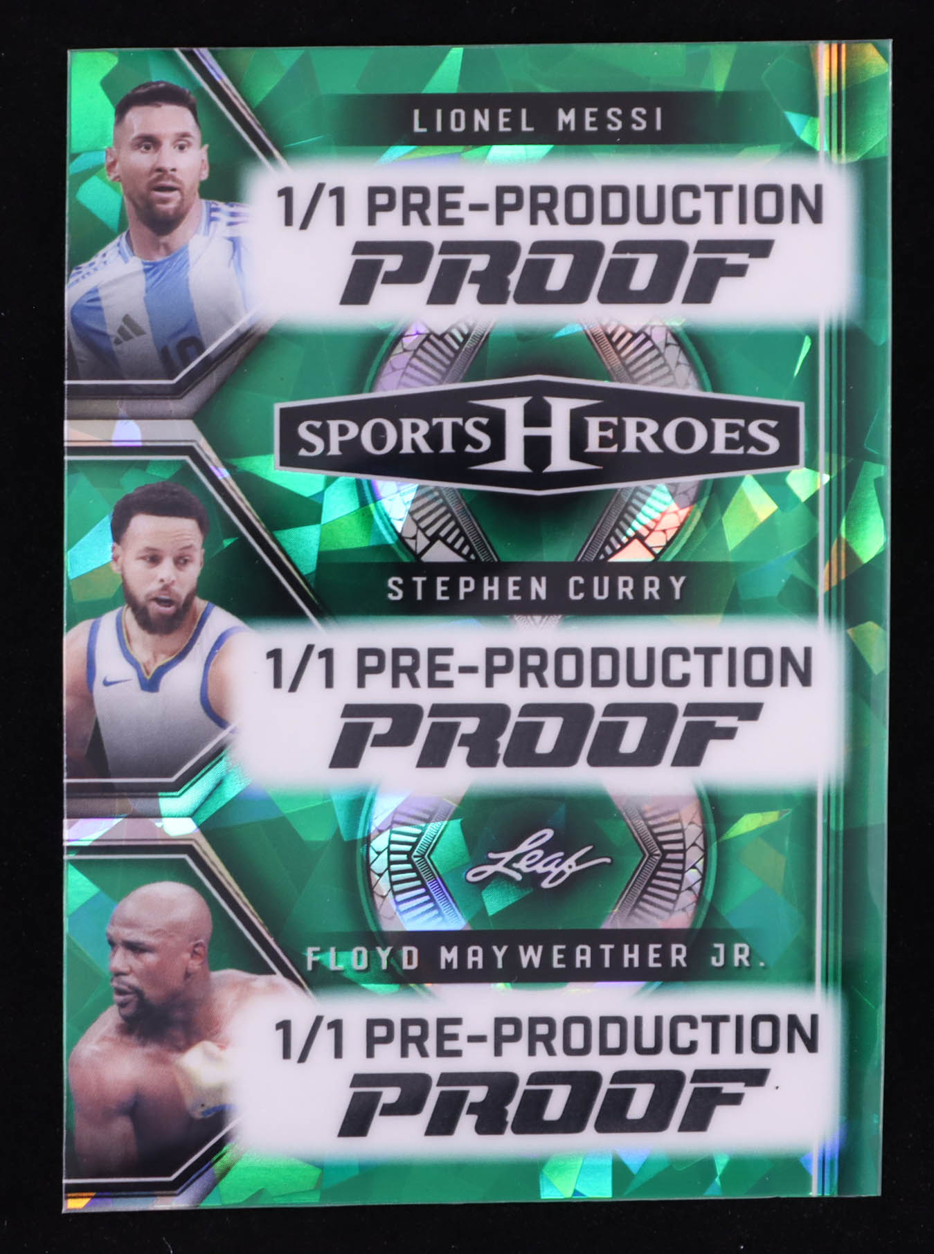 Lionel Messi / Stephen Curry / Floyd Mayweather Jr. Leaf Sports Heroes Green Ice Pre-Production Proof #NNO #1/1 at PristineAuction.com Lionel Messi / Stephen Curry / Floyd Mayweather Jr. Leaf Sports Heroes Green Ice Pre-Production Proof #NNO #1/1 at PristineAuction.com