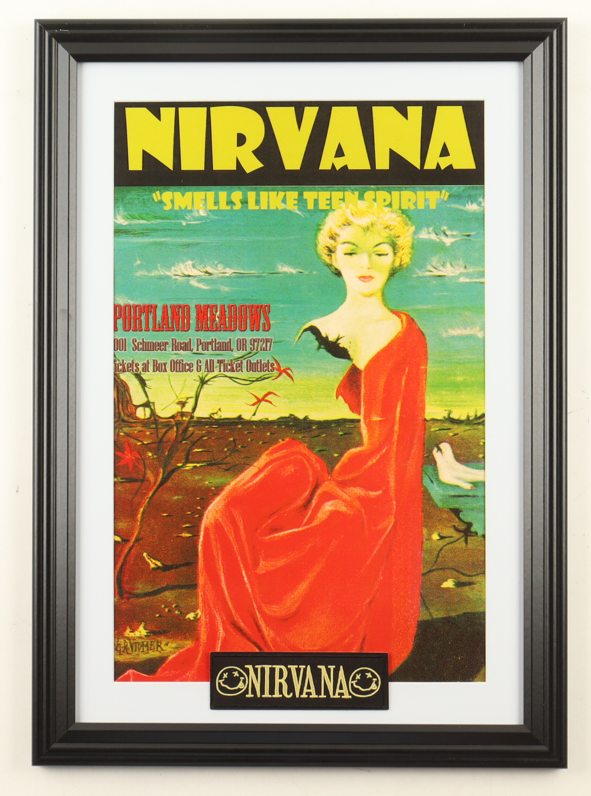 1992 "Nirvana: Smells Like Teen Spirit" Portland Meadows Concert Custom Framed Poster with Nirvana Patch at PristineAuction.com 1992 "Nirvana: Smells Like Teen Spirit" Portland Meadows Concert Custom Framed Poster with Nirvana Patch at PristineAuction.com