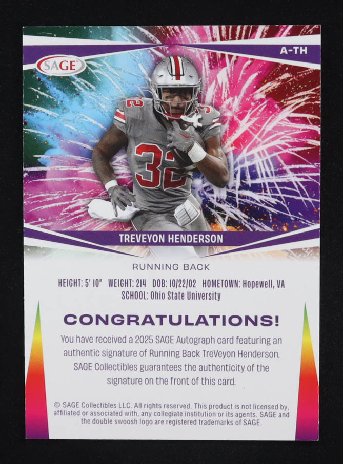 TreVeyon Henderson 2025 Sage Autographs #ATH RC at PristineAuction.com TreVeyon Henderson 2025 Sage Autographs #ATH RC at PristineAuction.com