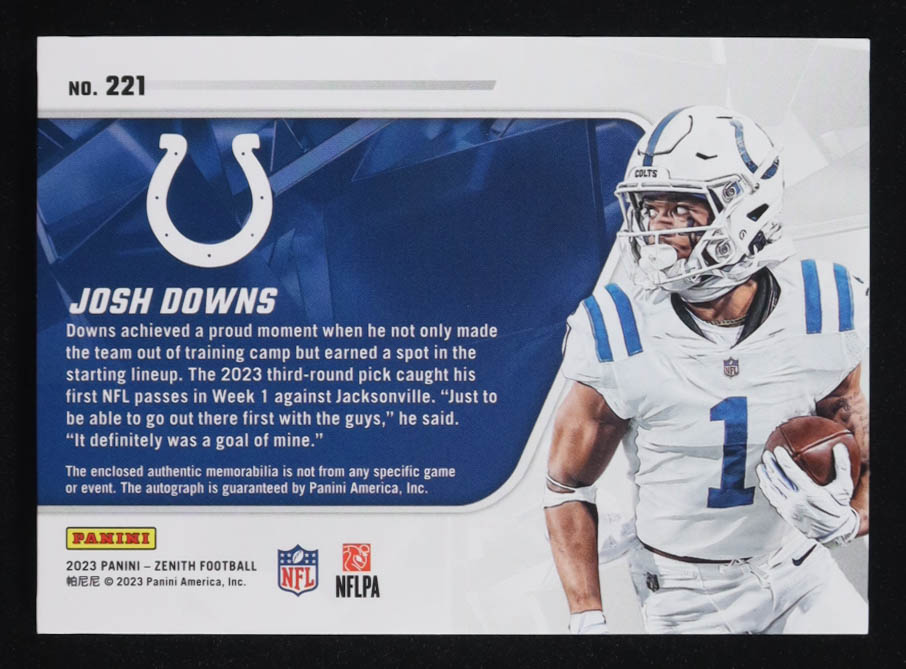 Josh Downs 2023 Zenith #221 JSY AU #60/299 RC at PristineAuction.com Josh Downs 2023 Zenith #221 JSY AU #60/299 RC at PristineAuction.com