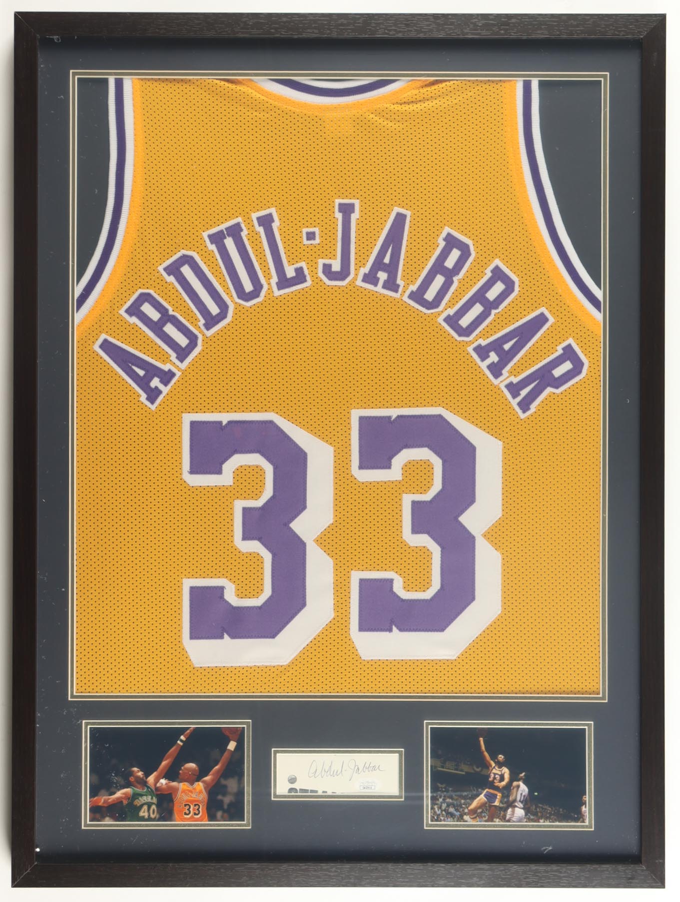 Kareem Abdul-Jabbar Signed Custom Framed Cut Display With Jersey (JSA) at PristineAuction.com Kareem Abdul-Jabbar Signed Custom Framed Cut Display With Jersey (JSA) at PristineAuction.com