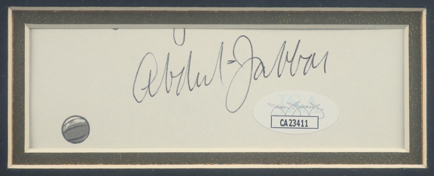 Kareem Abdul-Jabbar Signed Custom Framed Cut Display With Jersey (JSA) at PristineAuction.com Kareem Abdul-Jabbar Signed Custom Framed Cut Display With Jersey (JSA) at PristineAuction.com