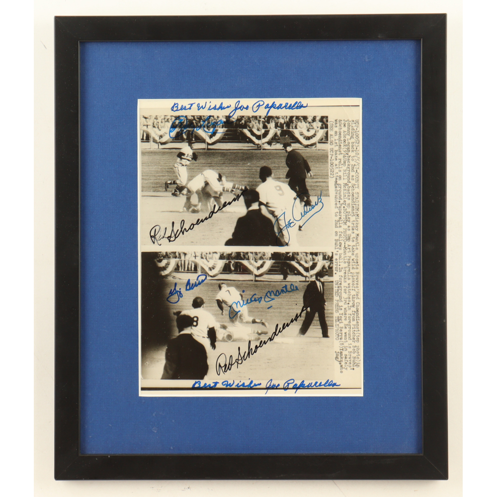 1957 World Series Yankees vs Braves Custom Framed Photo Signed by (6) with Mickey Mantle, Yogi Berra, Red Schoendienst, Joe Paparella (JSA) at PristineAuction.com