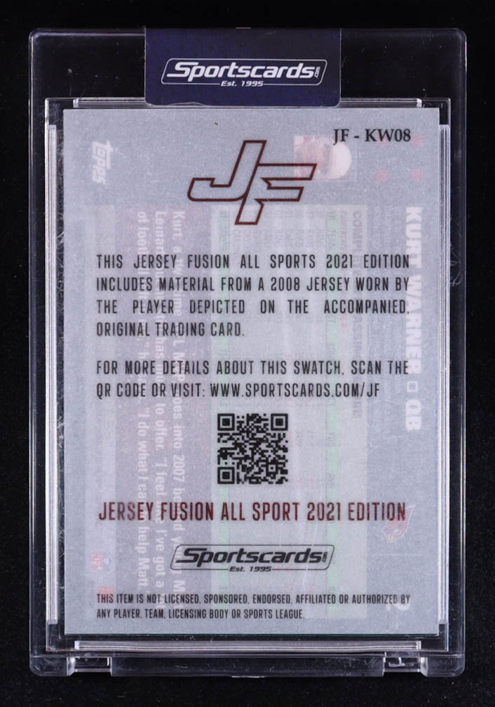 Kurt Warner 2021 Sportscards.com Jersey Fusion Game-Used Swatch #KW08 at PristineAuction.com Kurt Warner 2021 Sportscards.com Jersey Fusion Game-Used Swatch #KW08 at PristineAuction.com