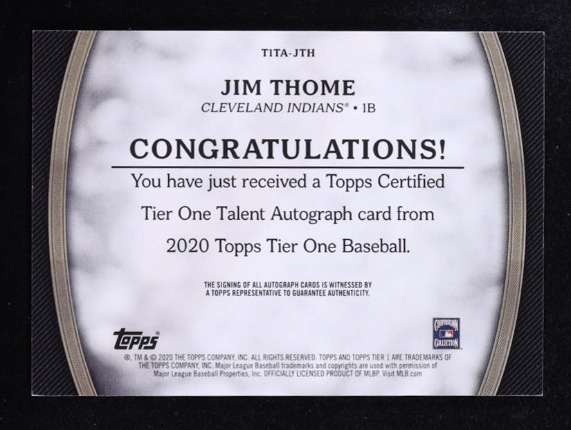 Jim Thome 2020 Topps Tier One Talent Autographs #T1TAJTH #54/65 at PristineAuction.com Jim Thome 2020 Topps Tier One Talent Autographs #T1TAJTH #54/65 at PristineAuction.com