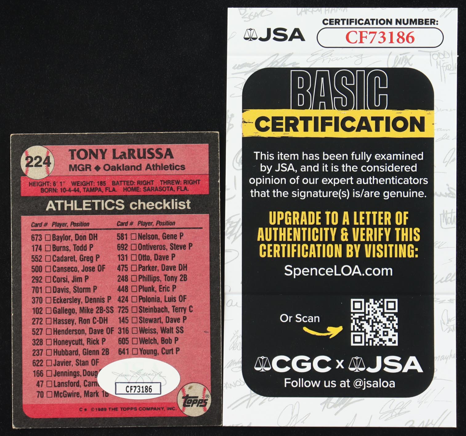 Tony LaRussa Signed 1989 Topps #224 MG (JSA) at PristineAuction.com Tony LaRussa Signed 1989 Topps #224 MG (JSA) at PristineAuction.com