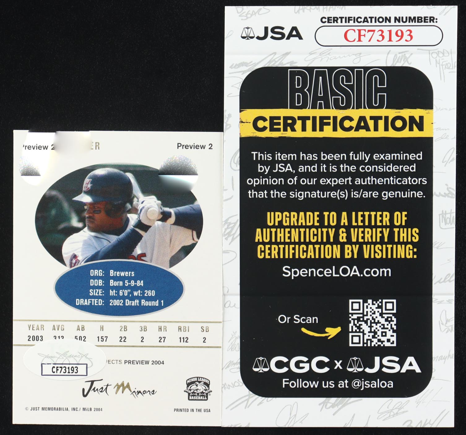 Prince Fielder Signed 2004 Just Prospects 05 Preview #2 RC (JSA) at PristineAuction.com Prince Fielder Signed 2004 Just Prospects 05 Preview #2 RC (JSA) at PristineAuction.com