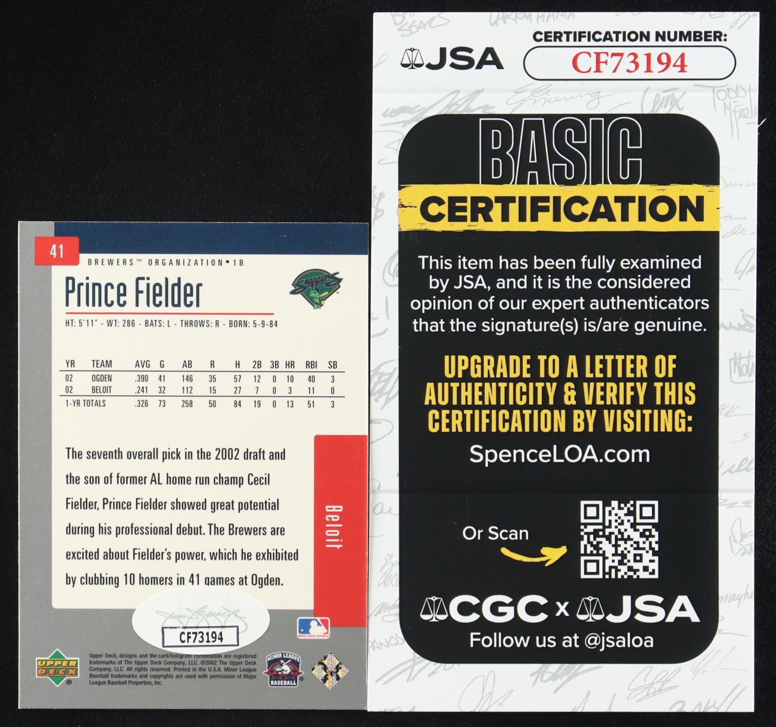 Prince Fielder Signed 2002 UD Minor League #41 RC (JSA) at PristineAuction.com Prince Fielder Signed 2002 UD Minor League #41 RC (JSA) at PristineAuction.com