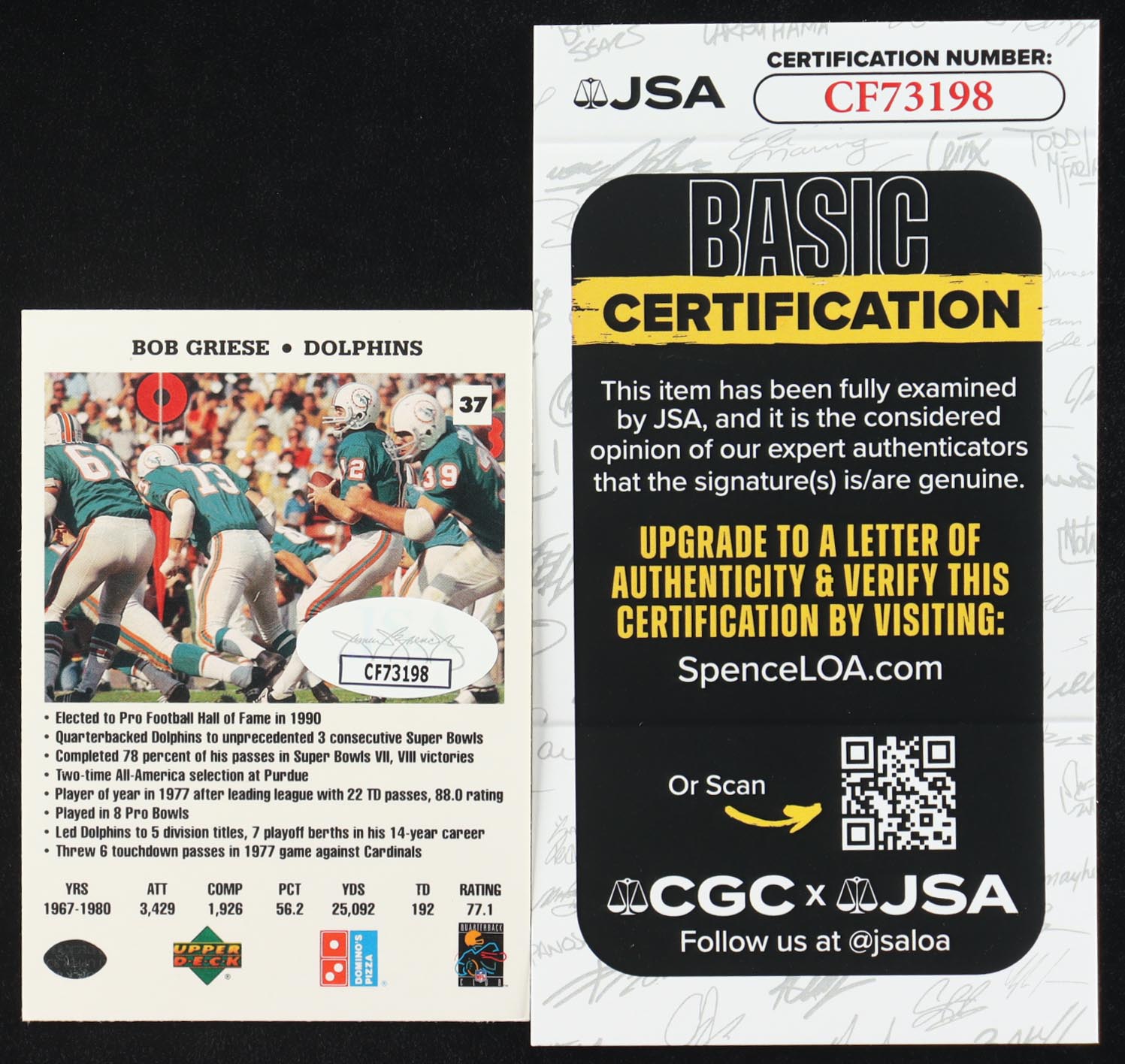 Bob Griese Signed 1991 Domino's Quarterbacks #37 (JSA) at PristineAuction.com Bob Griese Signed 1991 Domino's Quarterbacks #37 (JSA) at PristineAuction.com