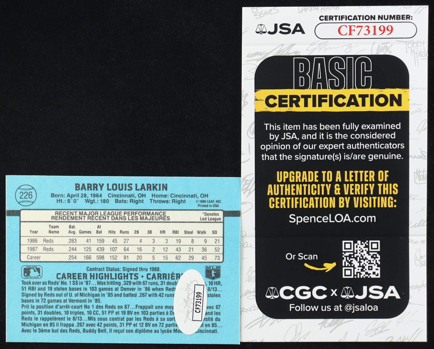 Barry Larkin Signed 1988 Leaf/Donruss #226 (JSA) at PristineAuction.com Barry Larkin Signed 1988 Leaf/Donruss #226 (JSA) at PristineAuction.com