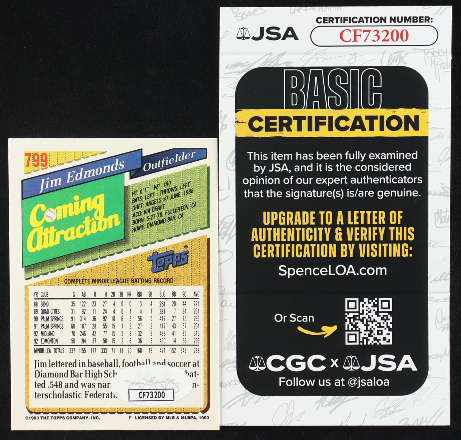 Jim Edmonds Signed 1993 Topps #799 RC (JSA) at PristineAuction.com Jim Edmonds Signed 1993 Topps #799 RC (JSA) at PristineAuction.com