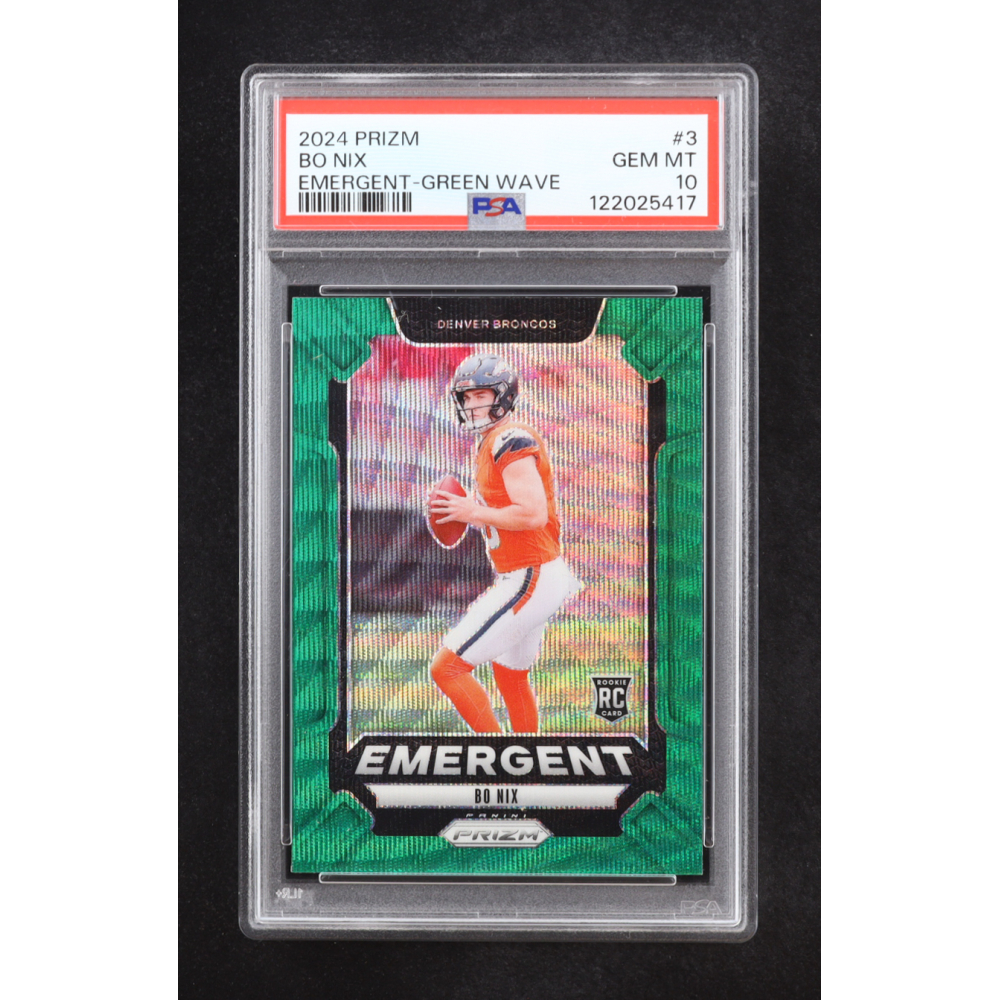 Bo Nix 2024 Panini Prizm Emergent-Green Wave #3 RC (PSA 10) at PristineAuction.com